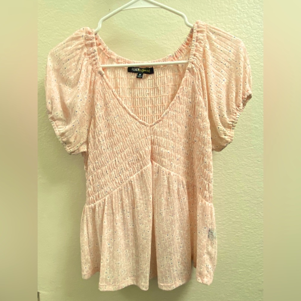 Honey & Sparkle Ladies Medium Pink Floral Puff Sleeve Peasant Blouse